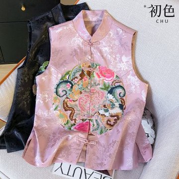 初色 棉麻文藝風立領印花刺繡顯瘦修身坎肩無袖背心上衣女上衣-共2色-15071(M-2XL可選)