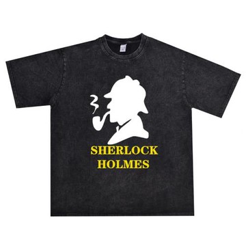 直噴電影福爾摩斯叼煙頭像印花T恤短袖復古寬松男夏季純棉重磅潮
