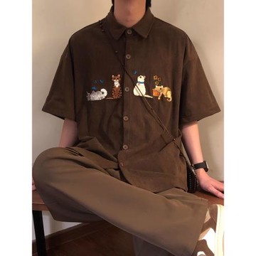 Nagawl夏季美式復古學院風貓咪刺繡燈芯絨短袖襯衫男百搭休閑襯衣