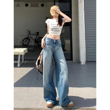 ZNZW淺藍色低腰牛仔褲女2025秋季新款寬松直筒美式做舊闊腿拖地褲