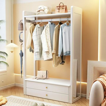 衣帽架 衣架 掛衣架 免運熱銷 附發票 快速出貨 北歐80CM全實木衣帽架帶穿衣鏡一體家用臥室大容量雙抽儲物掛衣架