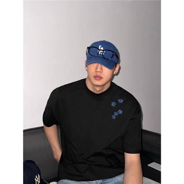 HIP潮牌手繪櫻花印花短袖t恤大碼寬松男女情侶裝重磅純棉半袖上衣