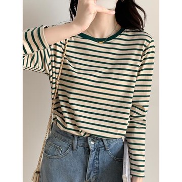 秋冬裝條紋打底衫女款內搭洋氣圓領寬松百搭長袖t恤休閑純棉上衣