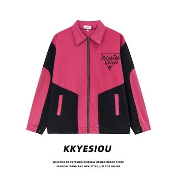 KKyesiou美式復古潮牌粉色翻領夾克男女學院風刺繡情侶棒球服外套