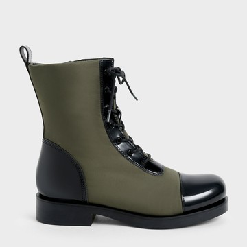 漆皮拼接綁帶靴