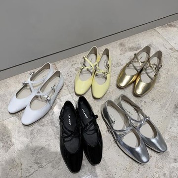 方頭交叉扣帶法式瑪麗珍平底鞋女復古銀色真皮百搭芭蕾淺口單鞋女