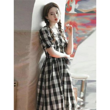 2024夏季劉亦菲同款氣質格子裙黑白顯瘦修身連衣裙顯瘦宴會禮服女