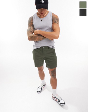 ASOS DESIGN 2 pack slim chino shorts in mid length in dark khaki and black save-Multi