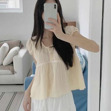 正韓女上衣 洛可短袖短版襯衫SOE1029-創翊韓都