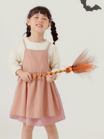 真兩件側綁帶細肩洋裝+格紋長袖洋裝