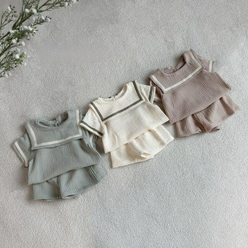 Mini baby🌷美拉德色系多色套裝~男女小童棉紗大翻領撞色短袖T恤+短褲兩件套
