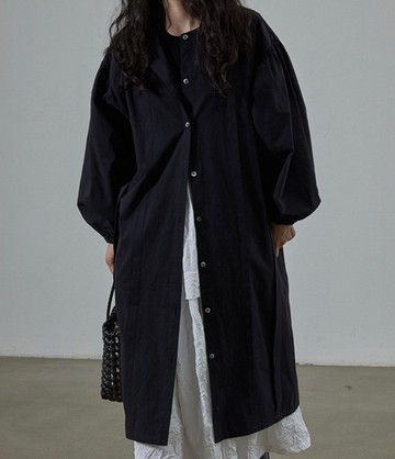 日系復古感無領上衣 | 落肩泡泡袖直筒寬鬆版型 | 中長款休閒襯衫