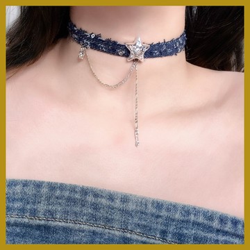 新品飾品牛仔項圈 choker頸鏈 星星流蘇吊墜鎖骨鏈 愛心項鏈女