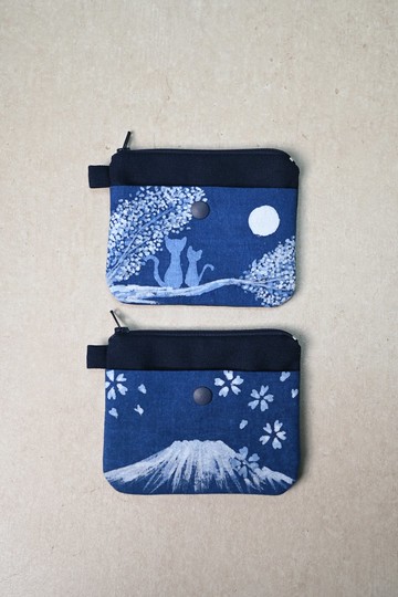 【記憶有限】藍染拉鍊零錢包-貓/富士山