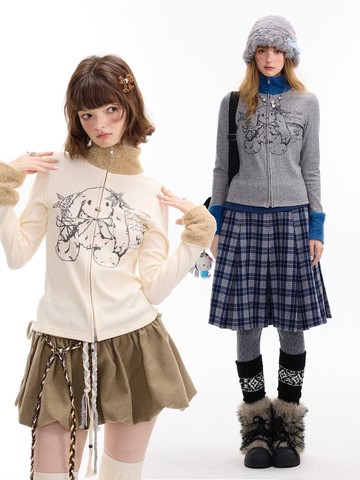 ziziFei秋冬美式拼接毛領拉鍊兔子印花高領內搭上衣針織打底衫女