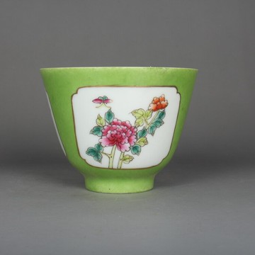 清同治粉彩綠釉牡丹開窗單杯古玩古董陶瓷器手工仿古老貨收藏擺件