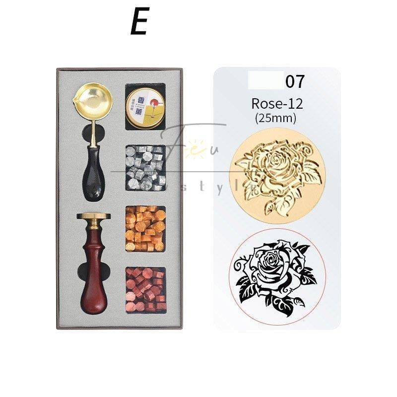シーリング ワックス 6点セット ） 植物柄 スタンプ ／ スプーン ／ キャンドル ／ ワックス 3色 封蝋 レ