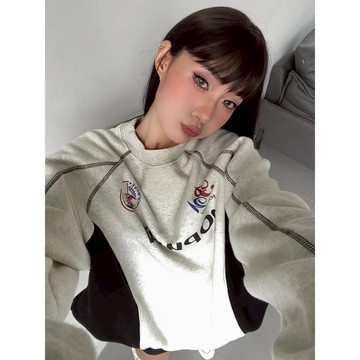 【T-2】❤圓領衛衣 美式oversize長袖撞色字母寬松秋季潮牌拼接情侶復古上衣 長袖上衣 大學T