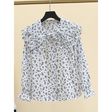 娃娃領襯衫女設計感小眾春秋新寬松白色雪紡碎花法式上衣長袖外套