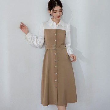 niceioi 輕復古收腰顯瘦排釦拼接洋裝(附腰帶)
