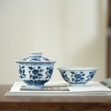 韞古柴窯景德鎮全手工手繪柴窯仿明折枝花卉蓋碗