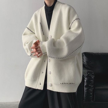 日系毛衣外套男寬松復古慵懶風線衣秋冬加厚潮ins情侶開衫V領針織鑫弘-衣錦男裝