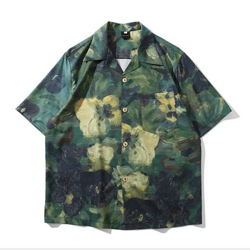 古著油畫渲染短袖花襯衫 / 古巴領襯衫 / M-4XL 【QTJBYRF8009】