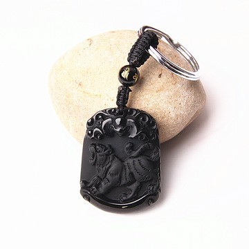 正品 天然黑曜石生肖老虎吊墜 黑曜石水晶虎鑰匙扣吊墜掛墜 轉運1入