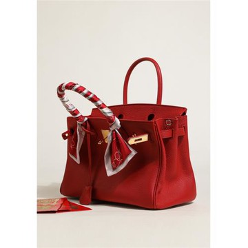 Rsemnia真皮紅色婚包女氣質鉑金包百搭輕奢手提包大容量凱莉包潮