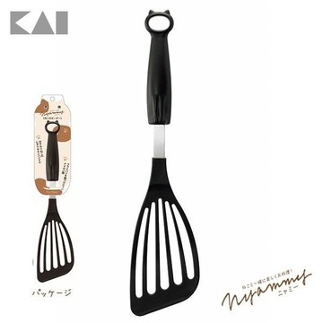 asdfkitty*日本製 貝印 黑色貓咪耐高溫 有洞長鍋鏟/牛排拍 不沾鍋專用 可機洗-正版商品