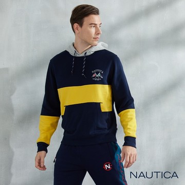 NAUTICA男裝 拼接撞色設計連帽長袖T-深藍