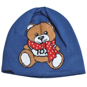 MOSCHINO 義大利製TOY圍巾小熊LOGO圖騰混羊毛毛帽(藍色)