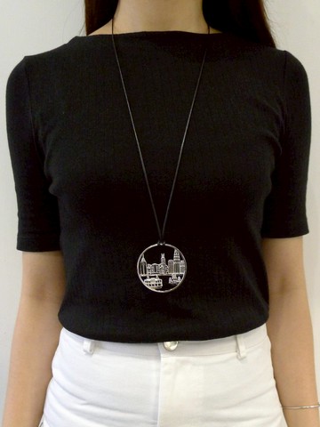 HK249~ 925銀香港維多利亞海港風景胸針吊墜連32吋絲絨頸鏈