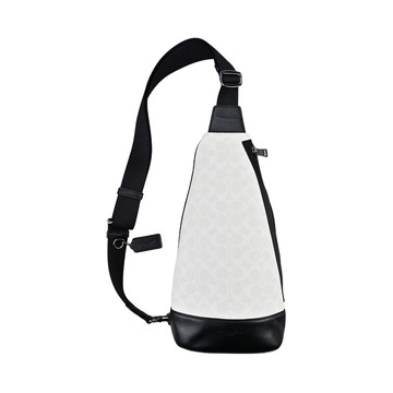 COACH白色C LOGO PVC拼接黑色皮革直式單肩胸背斜後背男包