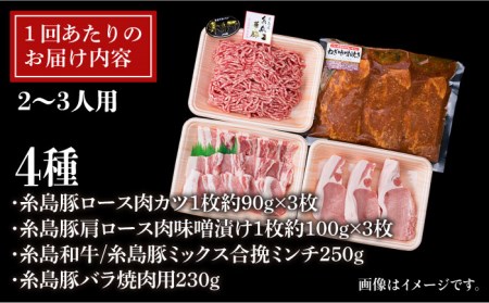 毎日のメインのおかずを彩る精肉セット 1,050g 2~3人前 4種《糸島》[ACA202] 豚肉 博多和牛 牛肉 BBQ トンカツ 焼肉 ハンバーグ 味噌 ミンチ