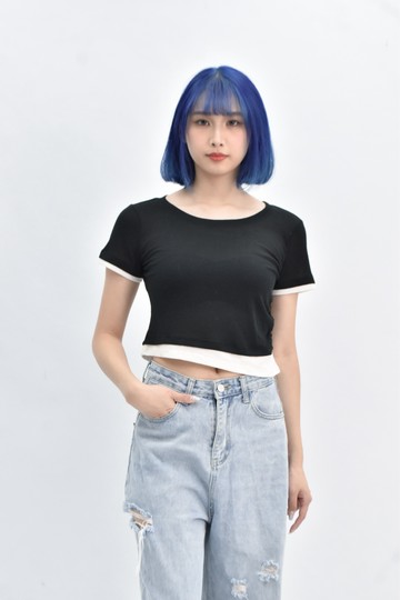 (S) 【里唯私服】mini matters修身短版質感假兩件黑色短袖上衣
