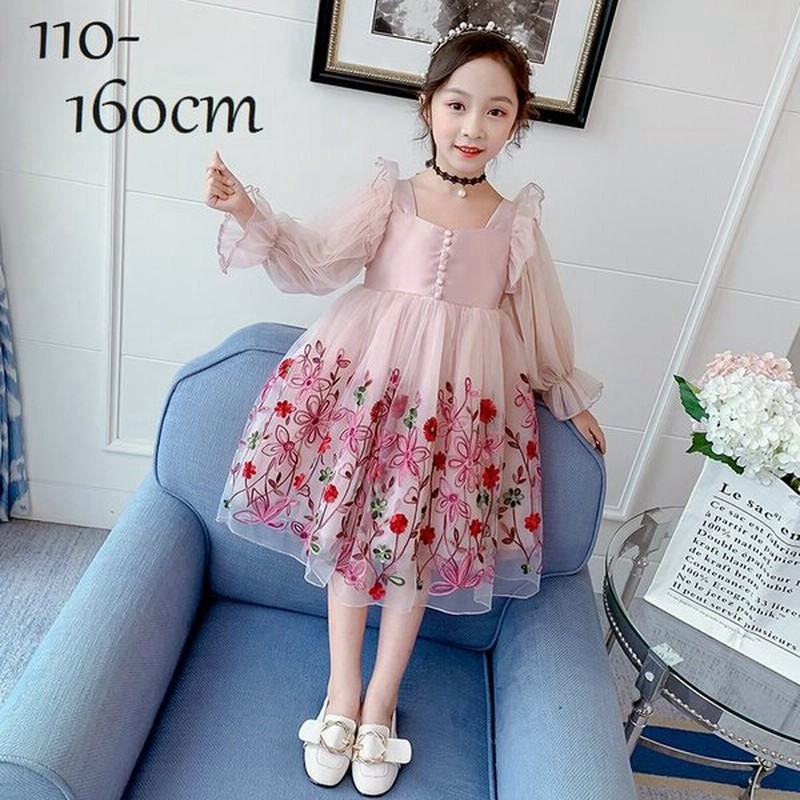 ドレス ワンピース 子供服 こども用 キッズ ジュニア 女の子 長袖 フリル チュール ひざ丈 花柄 かわいい フレア ボリューム ふんわり ガーリー 通販 Lineポイント最大get Lineショッピング