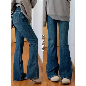 復古藍微喇牛仔褲女秋冬加絨大碼胖mm彈力顯瘦梨型身材喇叭馬蹄褲