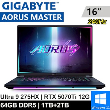 技嘉 AORUS MASTER 16 BXHC4TWE64SH-SP6 16吋 暗潮靛(Ultra 9 275HX/64GB/1TB+2TB/RTX5070Ti 12G/W11)特仕版
