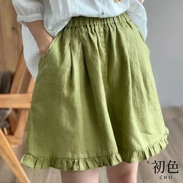 初色  荷葉邊棉麻風彈性腰圍短褲寬褲-共5色-63407(M-2XL可選)