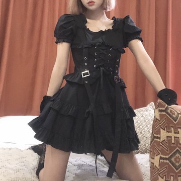 暗黑少女洛麗塔泡泡袖復古綁帶層層蛋糕高腰連衣裙黑色顯瘦小洋裙