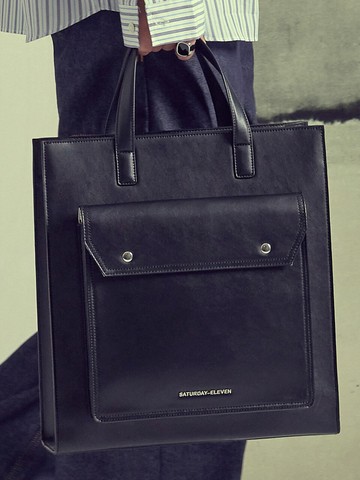 Topstitched Leather Pocket Tote Bag_Black