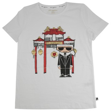 KARL LAGERFELD 卡爾 中式風格老佛爺圖案棉質短T恤.白
