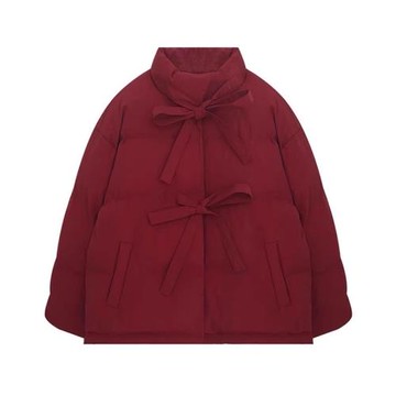 圣誕新年紅色短款棉衣女冬韓系甜美蝴蝶結羽絨服過年加厚棉服外套
