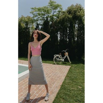 Rosebanks不可或缺基礎款 灰色小華夫格修身包臀松緊腰開衩半身裙