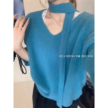 氣質慵懶風V領飄帶顯瘦針織毛衣女24秋冬新款寬松打底針織衫上衣