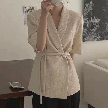 韓國chic法式簡約風氣質翻領寬松系帶收腰顯瘦亞麻短袖西裝外套女