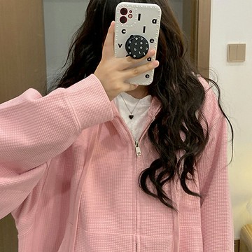 華夫格粉色衛衣女春秋寬松韓版ins潮oversize薄款外套學生上衣服