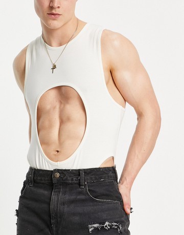 ASOS DESIGN muscle leotard with chest cut out in cream-White