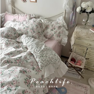 ♡peachlife.♡ 100%棉床包 法式荷葉邊櫻花床包 粉色碎花床包 荷葉邊床包 公主風 粉色 純棉床包 荷葉邊